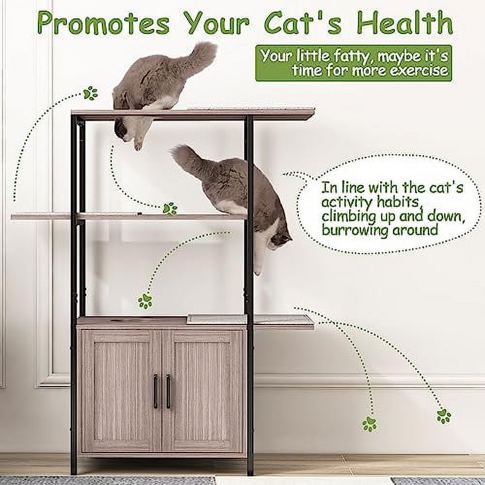 Cat Tree with Litter Box Enclosure, 3-Tier Cat Tower, 3 Removable Washable Cushions E88531