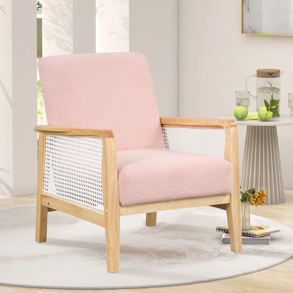 Pink Teddy Short Plush Particle Velvet Rattan Mesh Upholstered Accent Armchair F5114