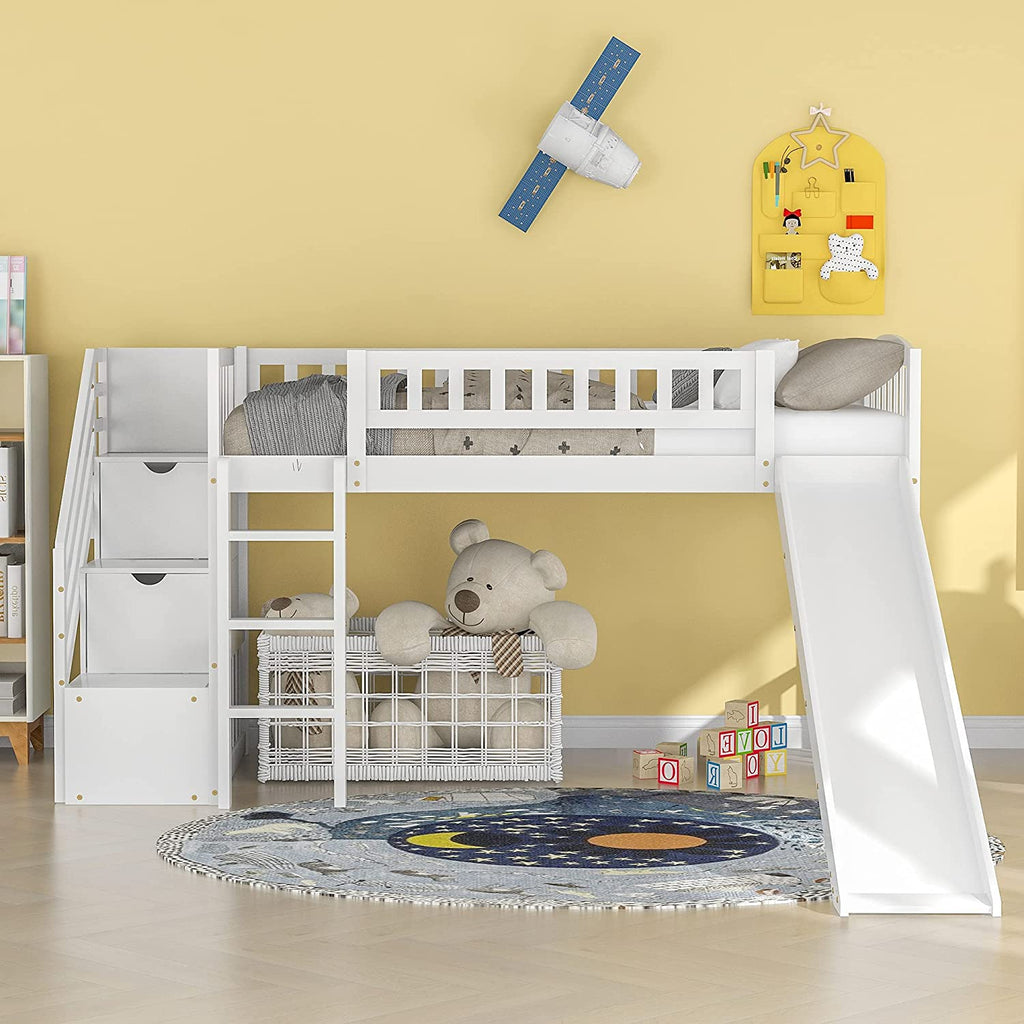 White Wooden Low Loft Bed Frame With Storage U242