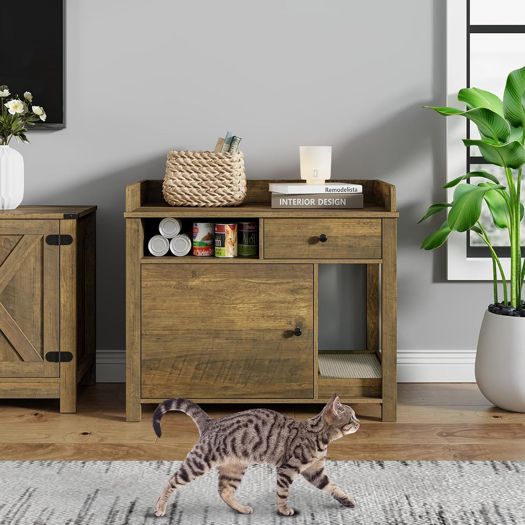 Wooden Cat Litter Box Enclosure with Shelves and Drawer E788