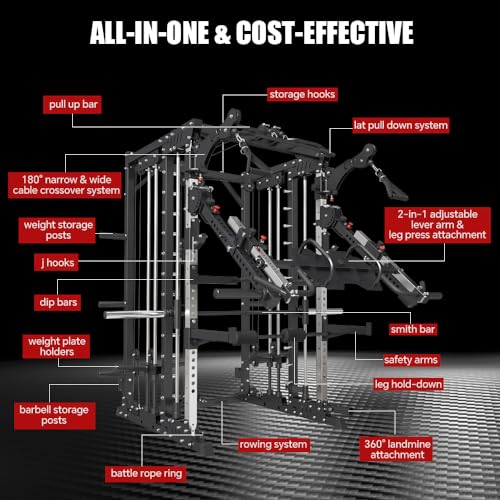 Smith Machine with Smith Bar, Power Cage Squat Rack with Lever Arm, Leg Press, LAT Pull Down System, Cable Crossover Machine V17343