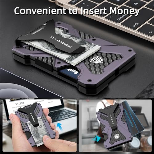 Slim Aluminum Metal Money Clip Wallet with Clear ID Card Holder, Carbon Fiber Wallet, RFID Blocking, Ultra-Thin Tactical Wallet - Dark Grey V8223