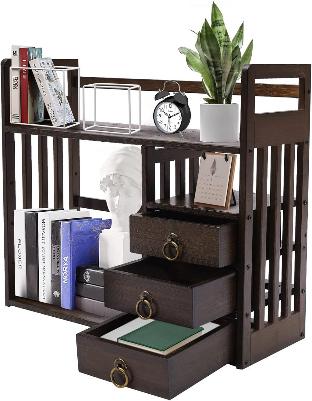 Bamboo Desk Bookshelf Organizer with Drawer, 19.7×7.5×17.7inch E49106