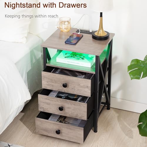 Dark Grey LED Nightstand Set 2 with Fabric Drawers M30502