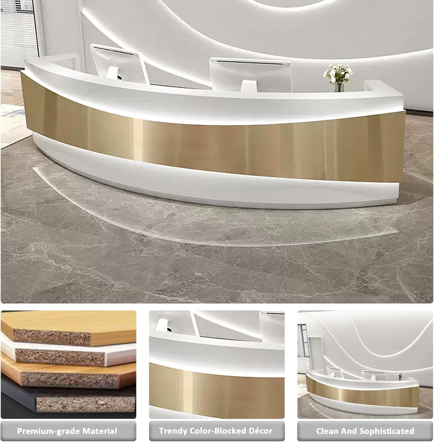 Golden Panel Curved LED Light Reception Desk V45831