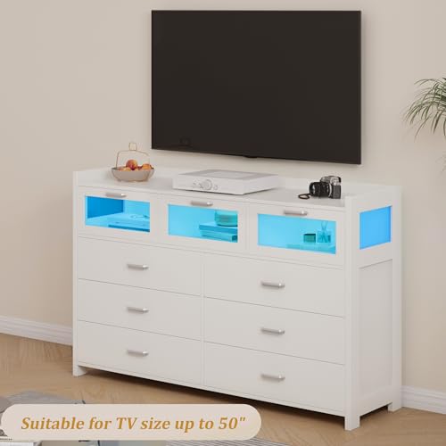 Black 9 Drawer Wood Dresser with LED Lights and Charging Station F487