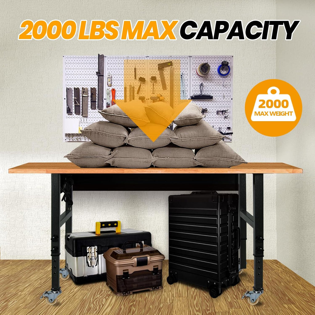 60" Adjustable Work Bench with Rubber Wood Top and Power Outlet K4322