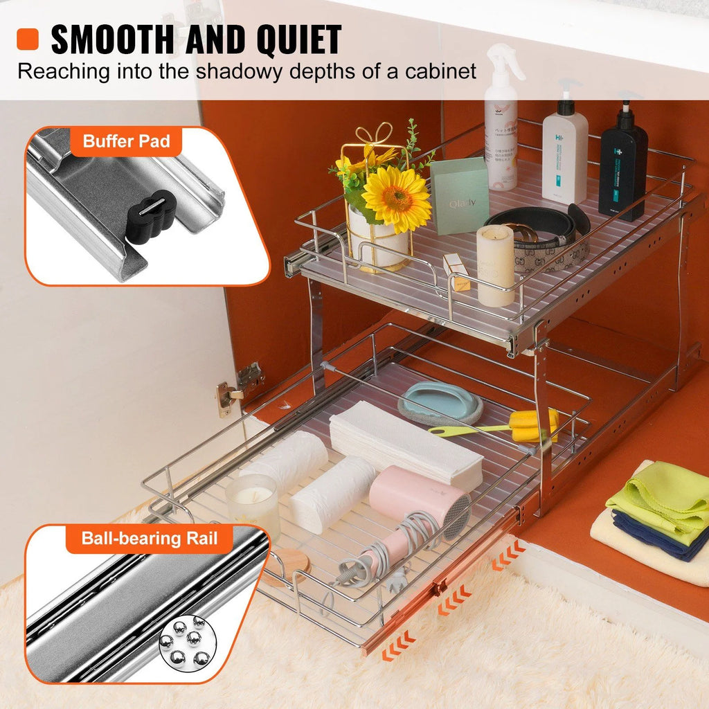 Chrome Plated Steel 2 Tier Slide Out Cabinet Organizer, 17 Inches Wide x 21 Inches Deep H7558