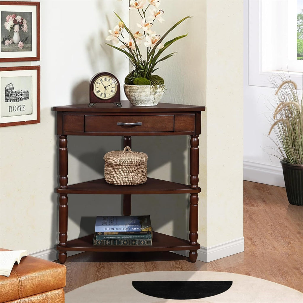 Light Espresso Wood Corner Table with 1 Storage Drawer K2081