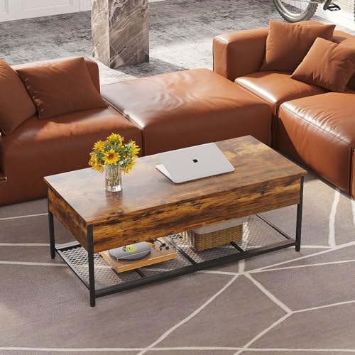 Rustic Brown Wooden Lift Top Coffee Table with Hidden Storage K580
