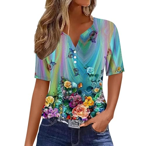 Womens Short Sleeve Henley Neck Button Up Shirts Loose Fit Blouses V1727
