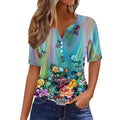 Womens Short Sleeve Henley Neck Button Up Shirts Loose Fit Blouses V1727