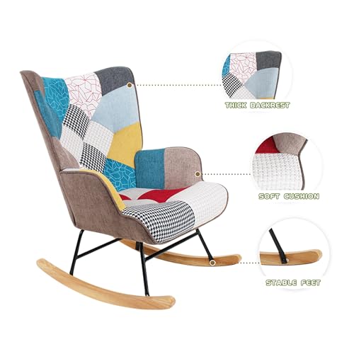 Patchwork Rocking Chair with Footstool and Pillow Fabric Upholstered High Back Lounge Chair 35''Lx 26''Wx37.8''H A390