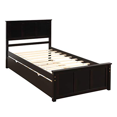 Twin Espresso Wood Low Platform Bed Frame with Headboard and Footboards T481254
