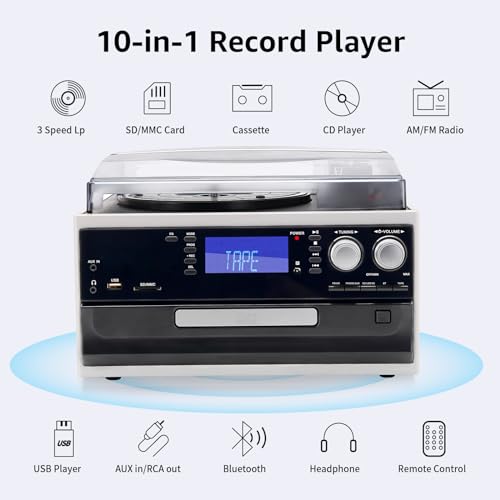 Black 9 in 1 Record Player Turntable with Bluetooth W51220