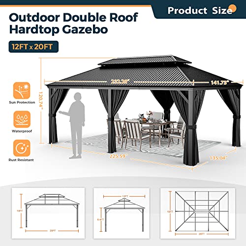 12' x 20' Galvanized Steel Aluminum Gazebo with Curtains and Netting (Gray) Y35772