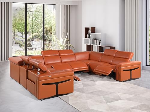 8-Piece Italian Leather U Shaped Sectional Couch with Power Reclining Seats, Dark Grey T38429