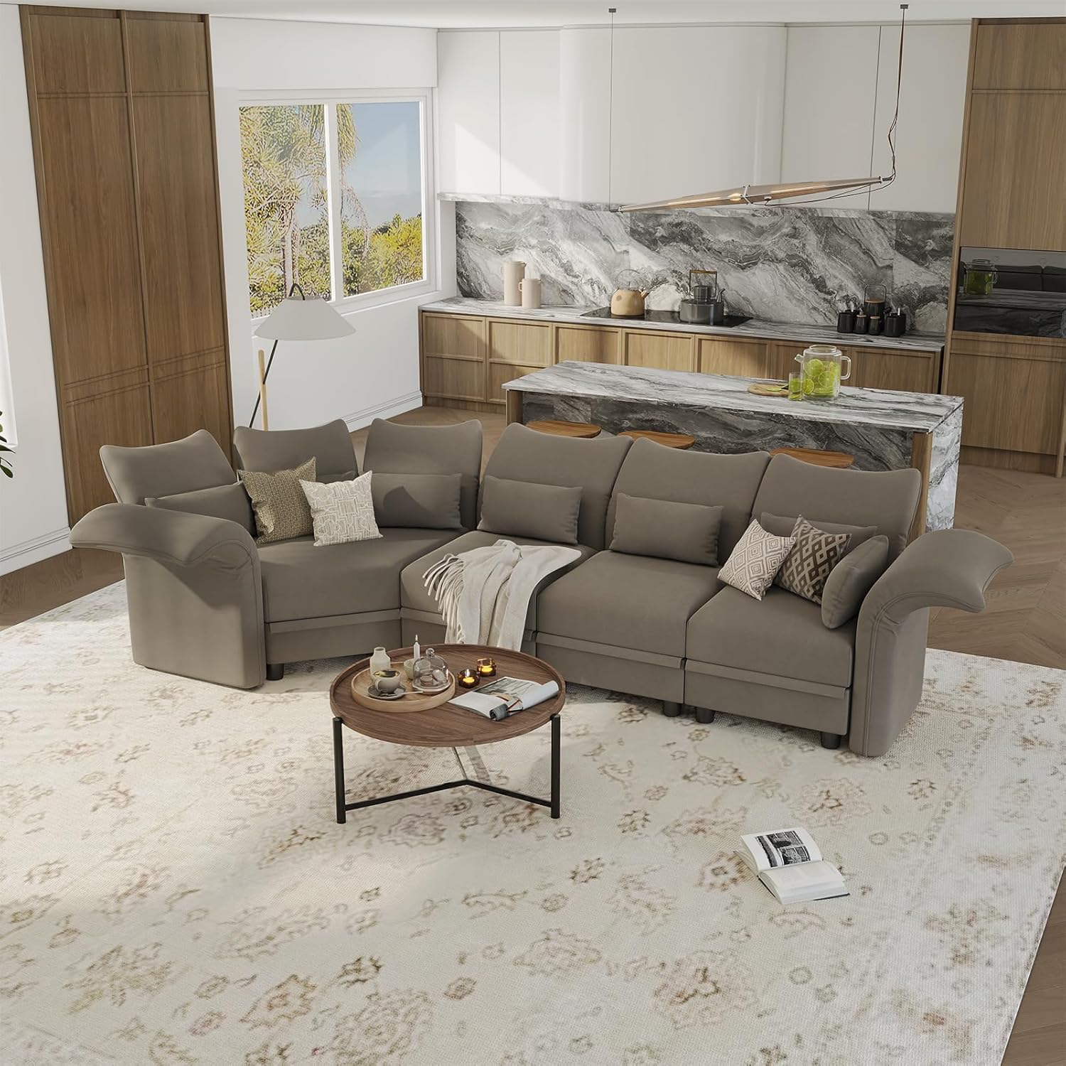 Brown Velvet Modular Sectional Sofa L Shaped Corner Couch with Storage Chaise O954