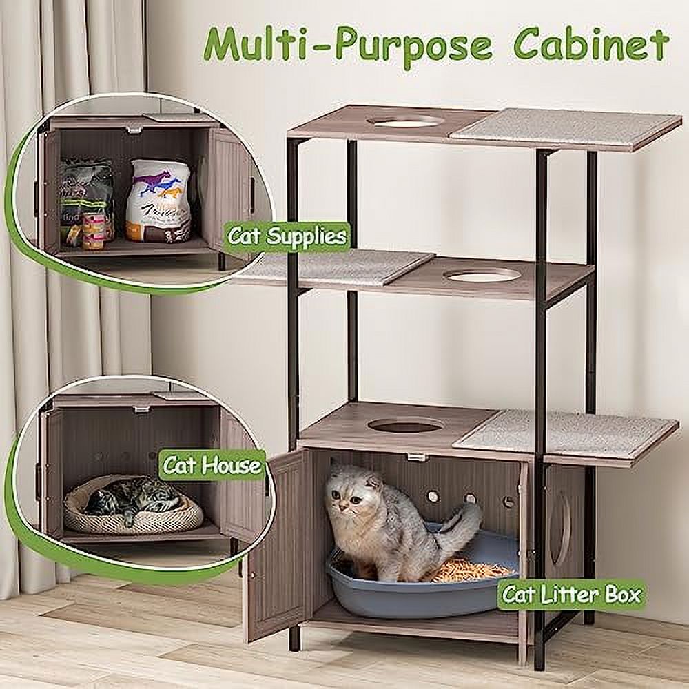 Cat Tree with Litter Box Enclosure, 3-Tier Cat Tower, 3 Removable Washable Cushions E88531