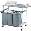 Blue Grey Rolling Laundry Sorter with Ironing Board and 3-Bag E185652