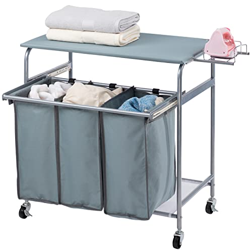 Blue Grey Rolling Laundry Sorter with Ironing Board and 3-Bag E185652