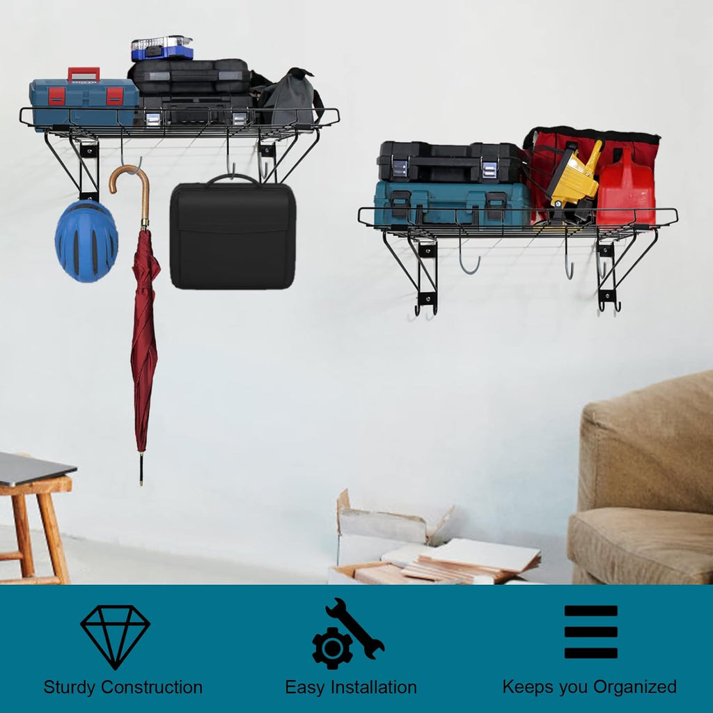 2-Pack Black Garage Wall Shelving with 6 Bike Hooks F53946
