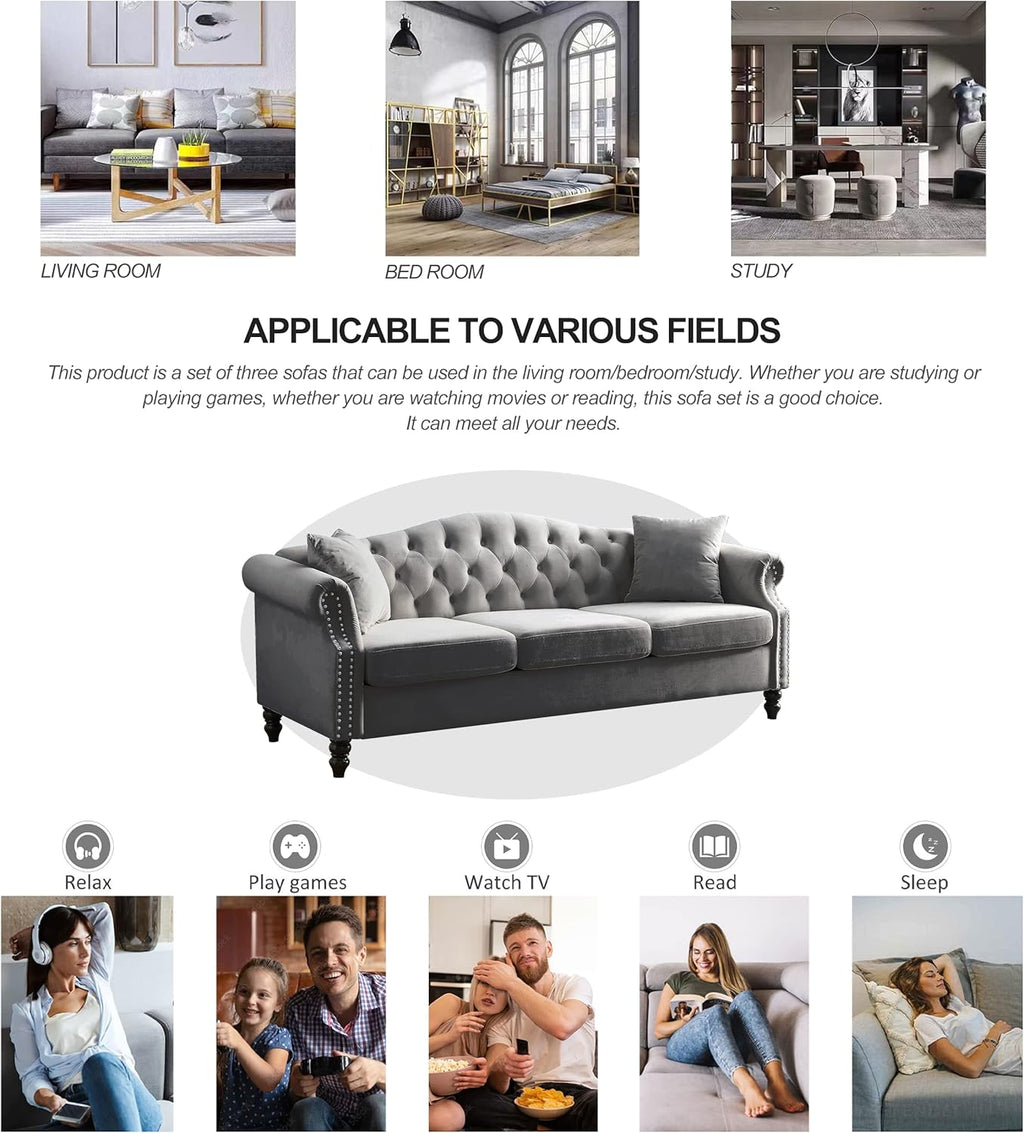 Grey Velvet 3 Seater Chesterfield Sofa N24926