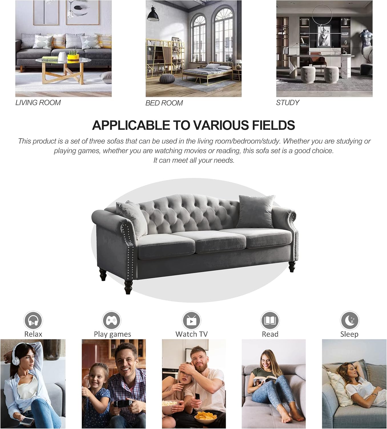 Grey Velvet 3 Seater Chesterfield Sofa N24926