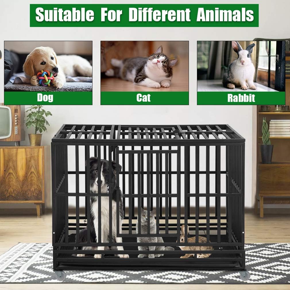 Black 48 Inches Dog Crate with Plastic Tray Double Doors K631092