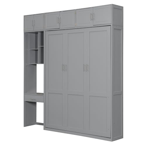 White Full Size Wood Murphy Bed with Desk and Storage Shelves A97733
