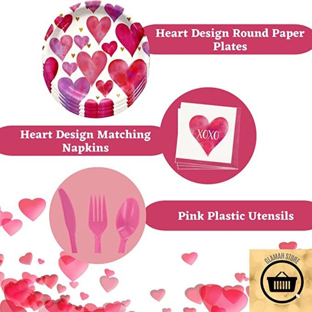 Round Paper Plates with Napkins and Pink Plastic Utensils Disposable Tableware Set of 3 D50330