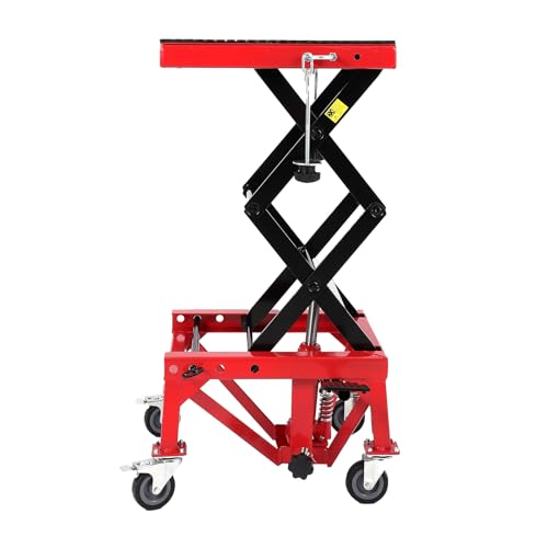 Hydraulic Motorcycle Lift Jack 350LBS, Foot Operated Scissor Lift Table, Heavy-Duty Steel Stand with Safety Lock & Wheels, Height Adjustable, Oil Drain Hole S256
