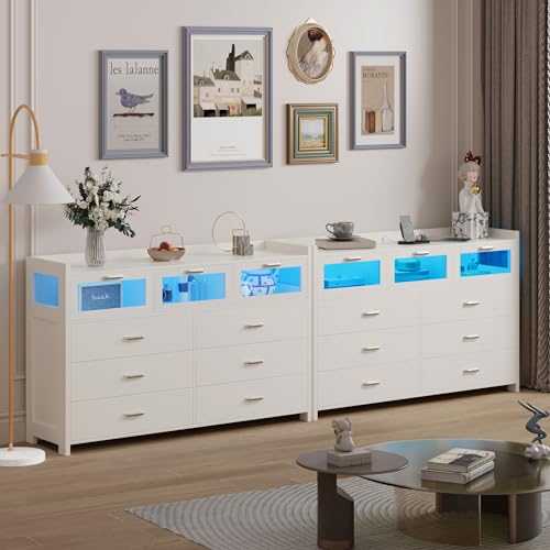 Black 9 Drawer Wood Dresser with LED Lights and Charging Station F487
