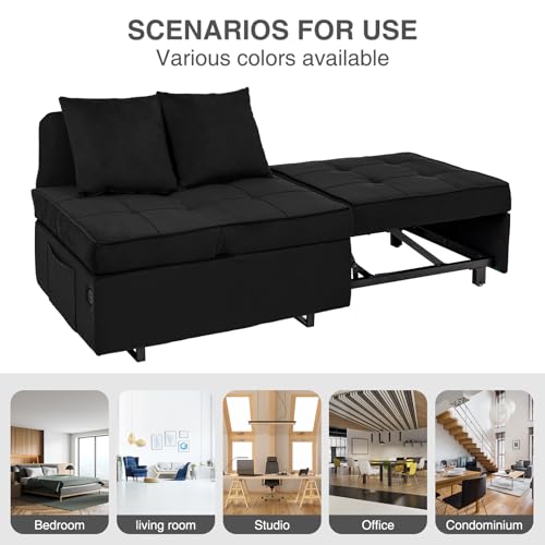Dark Grey Velvet 4-in-1 Convertible Sofa Bed with 2 Throw Pillow R9695
