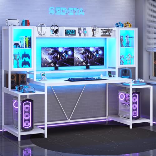 Black Gaming Desk with LED Lights, Hutch and Storage Shelves M973363