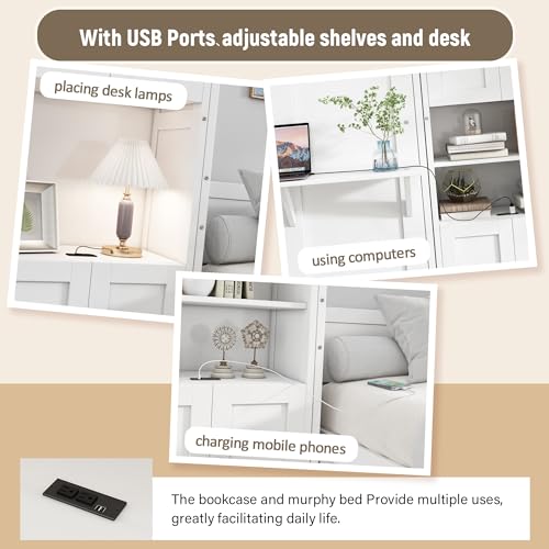 White Queen Murphy Bed with 2 Side Cabinet Storage Shelves A406915