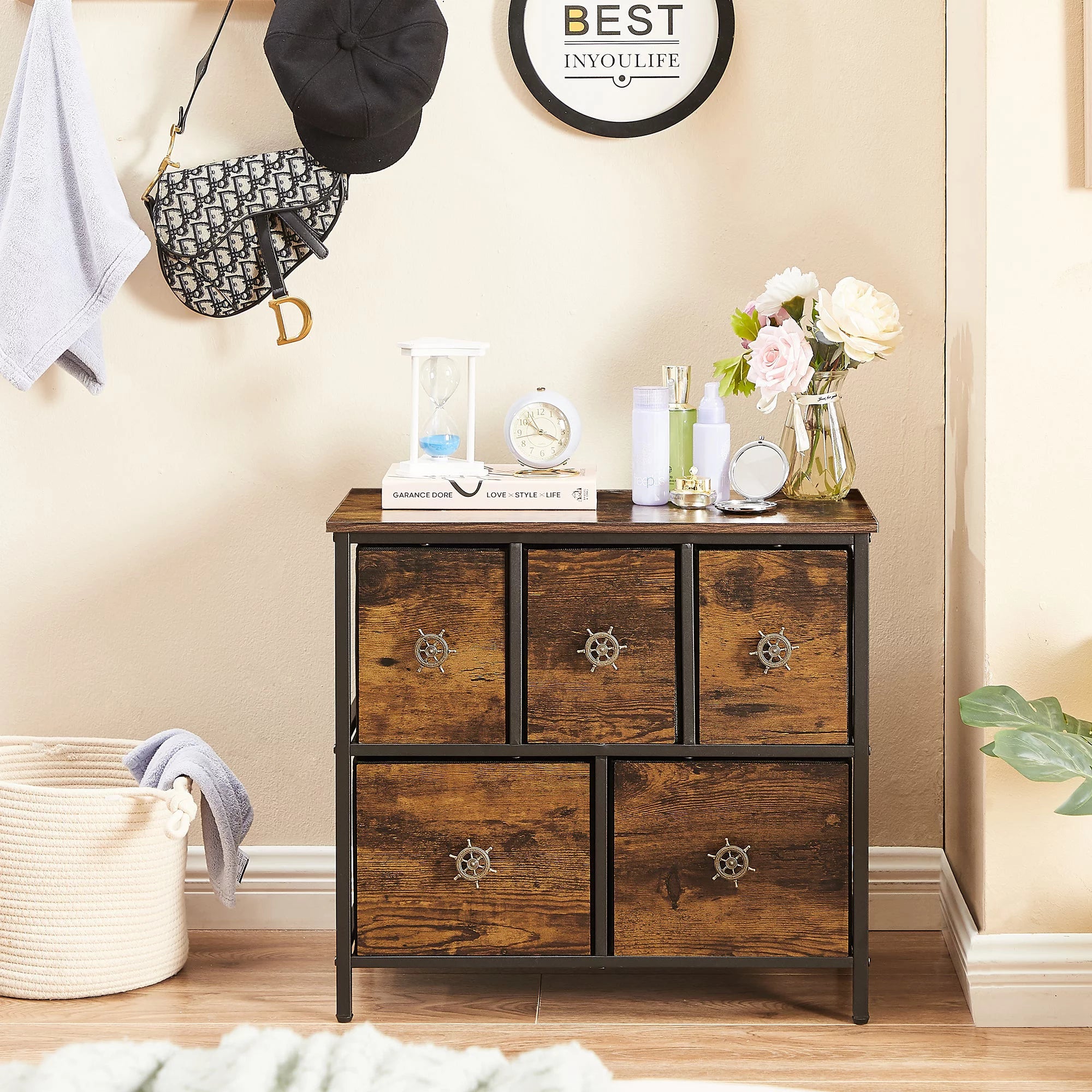 4-Piece Bedroom Set with Queen Size Platform Bed Frame & 5-Drawer Dresser & Two Nightstands, Brown L2401