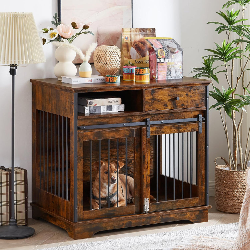 Rustic Brown Wooden Dog Crate with Sliding Barn Door and Storage Drawers V639495