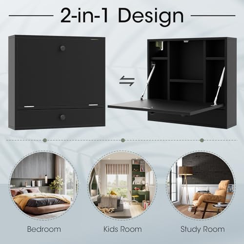 White Wall Mounted Desk with Storage Drawer and Shelves C515