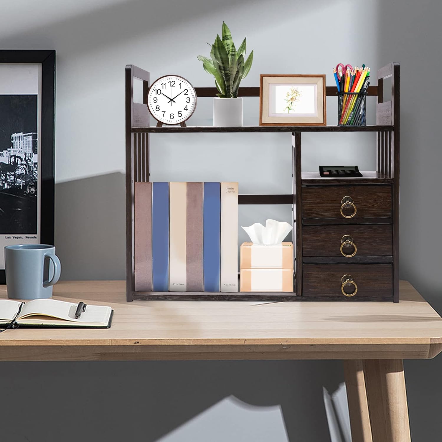 Bamboo Desk Bookshelf Organizer with Drawer, 19.7×7.5×17.7inch E49106