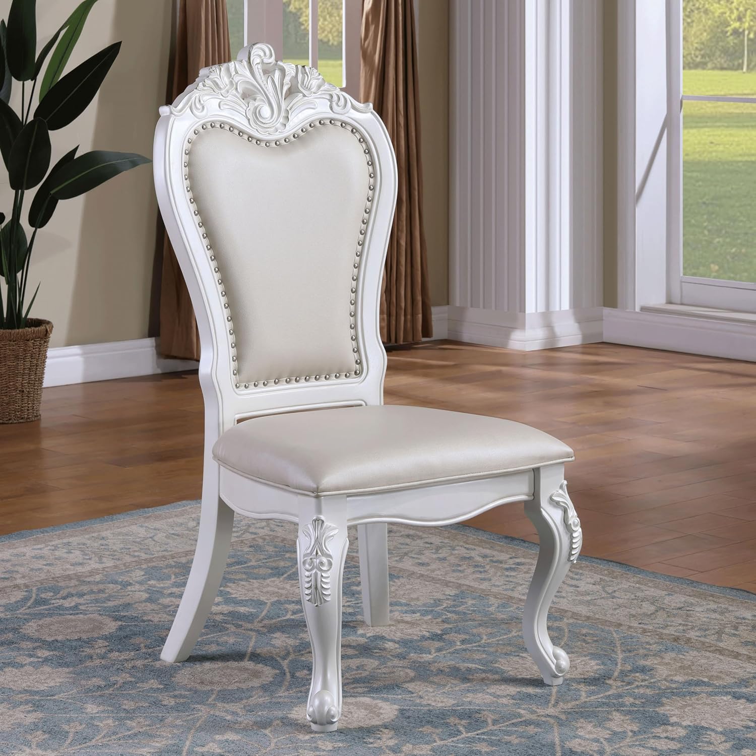 Solid Wood 7-Piece Dining Set with Expandable Table and 6 Leather Padded Side Chairs, White V884042