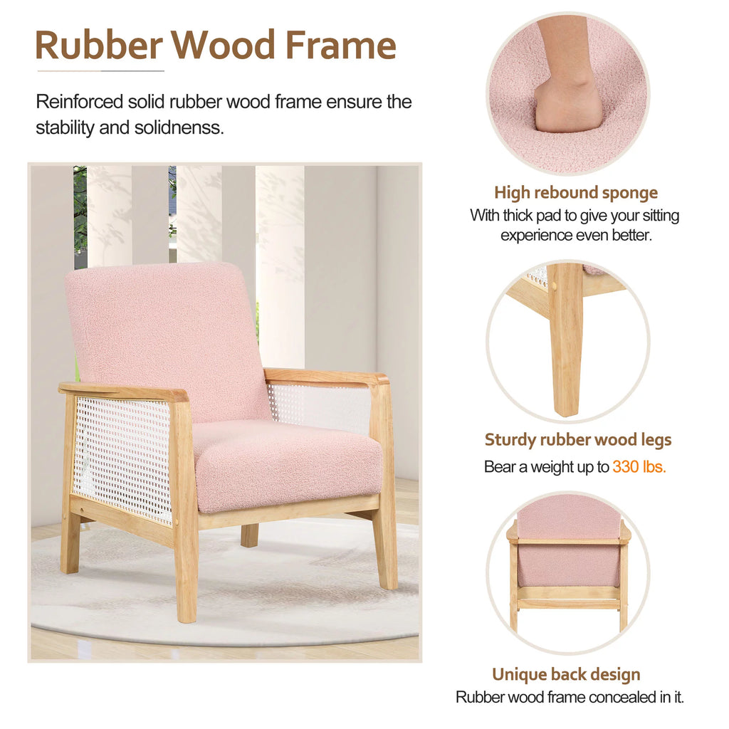 Pink Teddy Short Plush Particle Velvet Rattan Mesh Upholstered Accent Armchair F5114