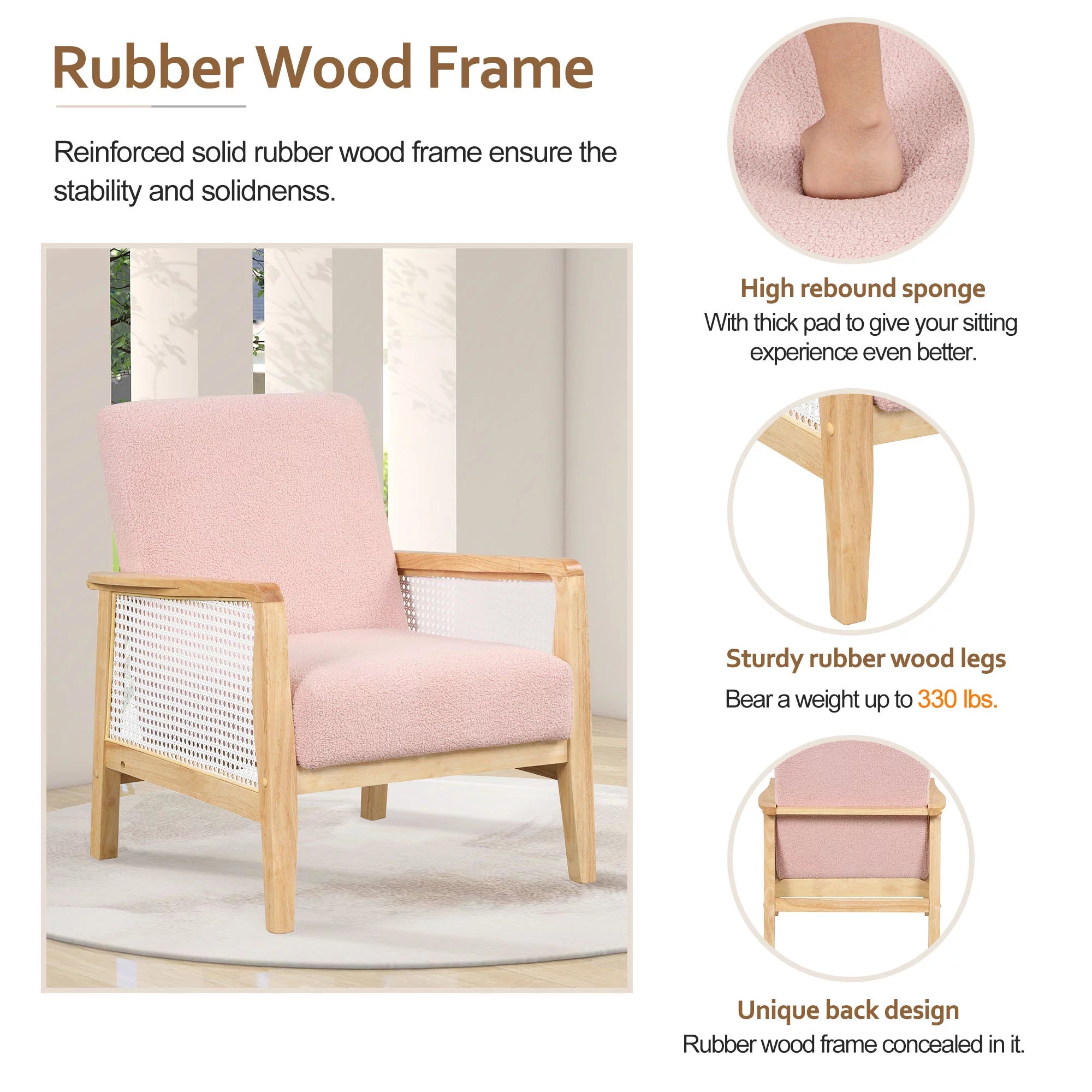 Pink Teddy Short Plush Particle Velvet Rattan Mesh Upholstered Accent Armchair F5114