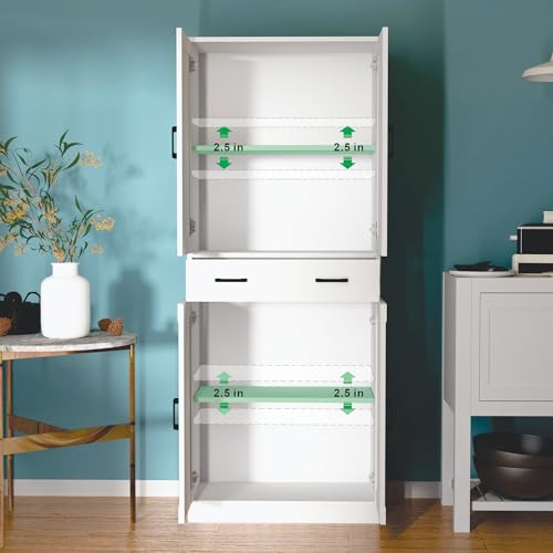White 71" Tall Wooden Kitchen Storage Cabinet with Doors and Drawer O405