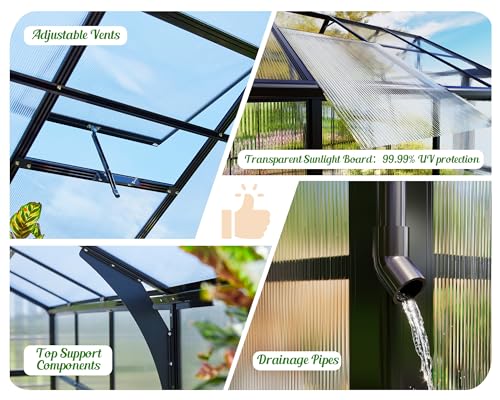 8x12 FT Polycarbonate Greenhouse with 2 Swing Doors Black E1566