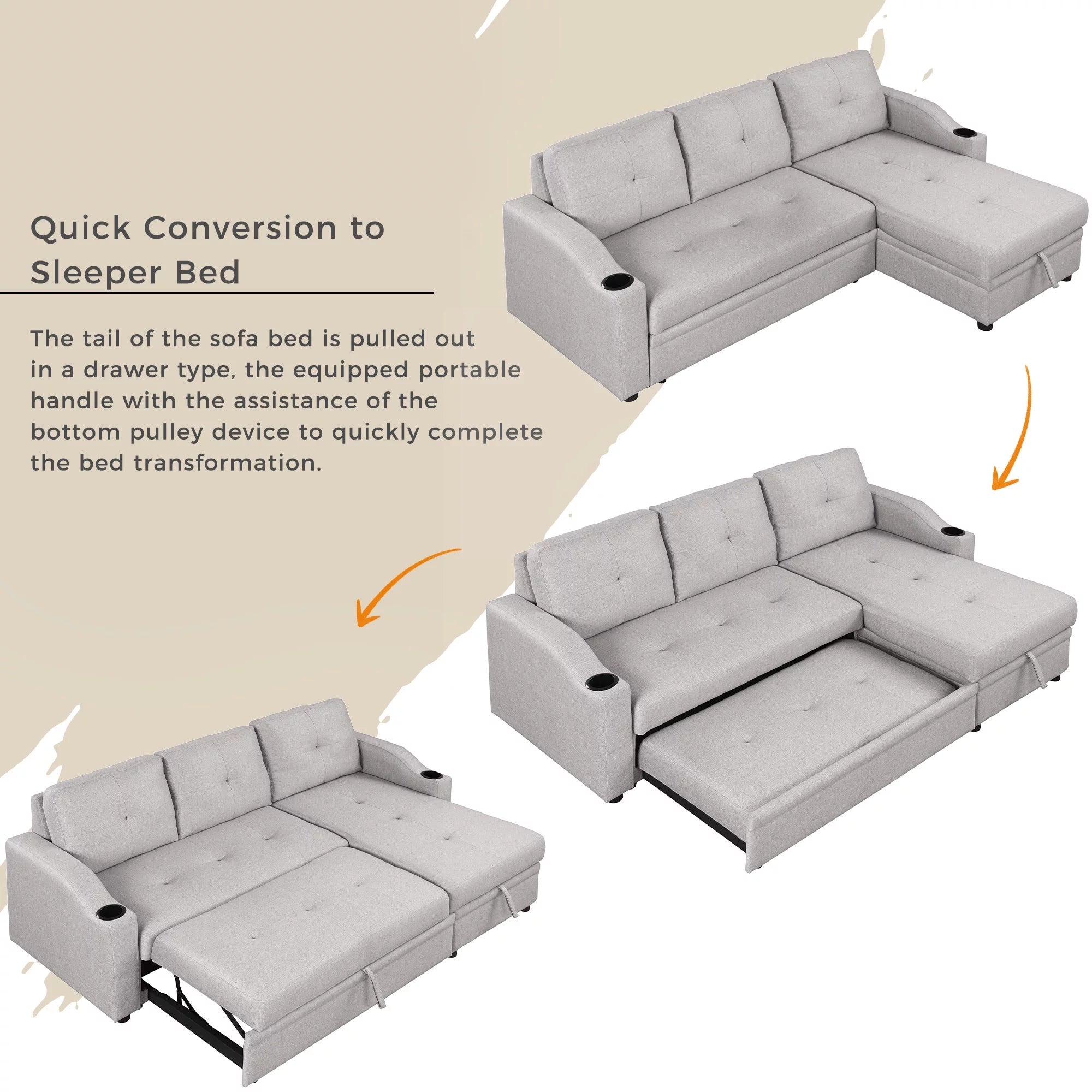 Gray Linen 3 Seater L Shape Sofa with Storage Chaise E536286
