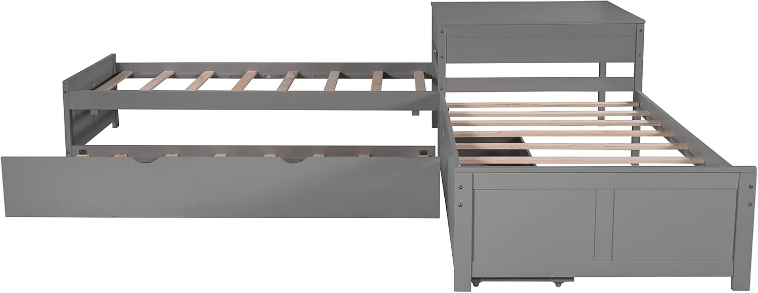 Twin L-Shaped Platform Bed with Trundle, 2 Storage Drawers, and Built-in Square Desk E7547