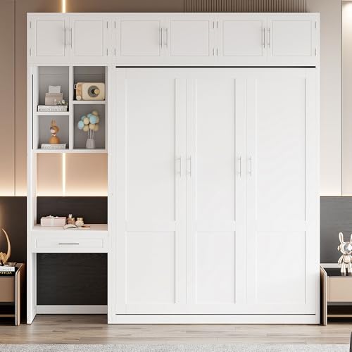 White Full Size Wood Murphy Bed with Desk and Storage Shelves A97733
