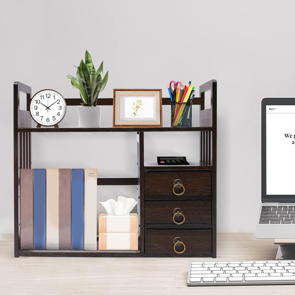 Bamboo Desk Bookshelf Organizer with Drawer, 19.7×7.5×17.7inch E49106