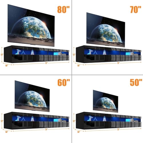 Floating TV Stand, 70" High Glossy with LED Lights E8807